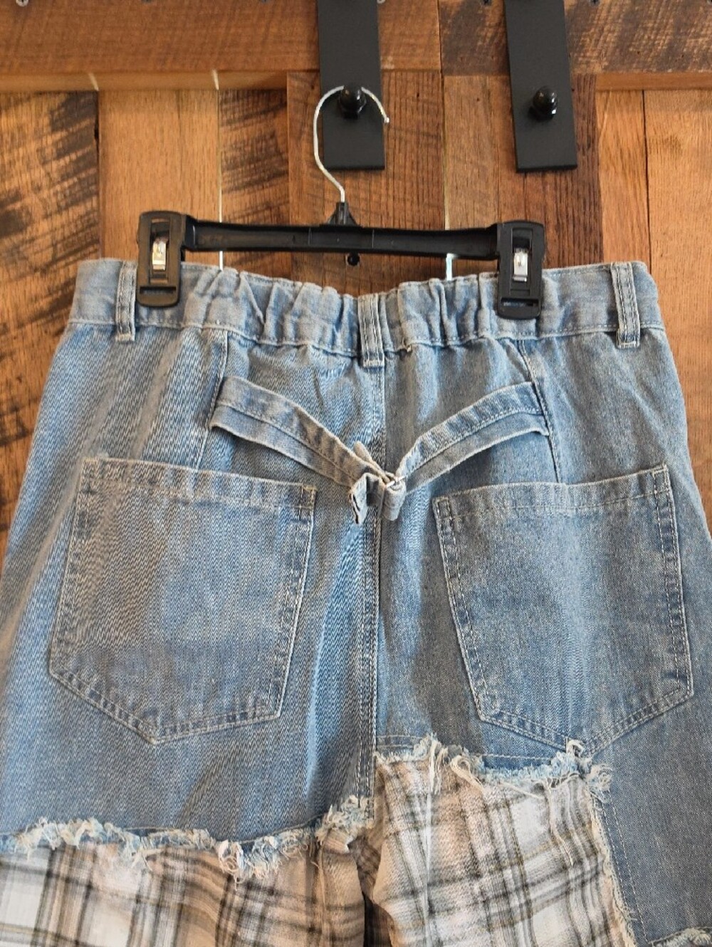 121p POL Patchwork Flare Jeans in Blue Denim with Plaid Panels - Picture 7 of 10